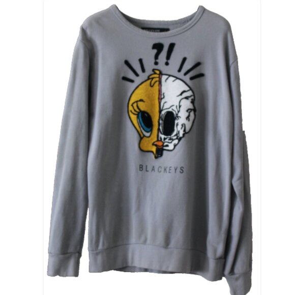 Black Keys Other - Tweety Bird Split Skull Gothic Sweatshirt, Raised Lettering Tweety, Grey, Large